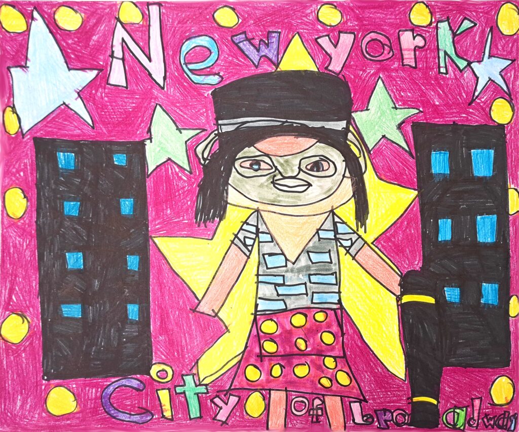 A drawing of a figure with mask and cape amongst buildings and text that reads: "New York City."