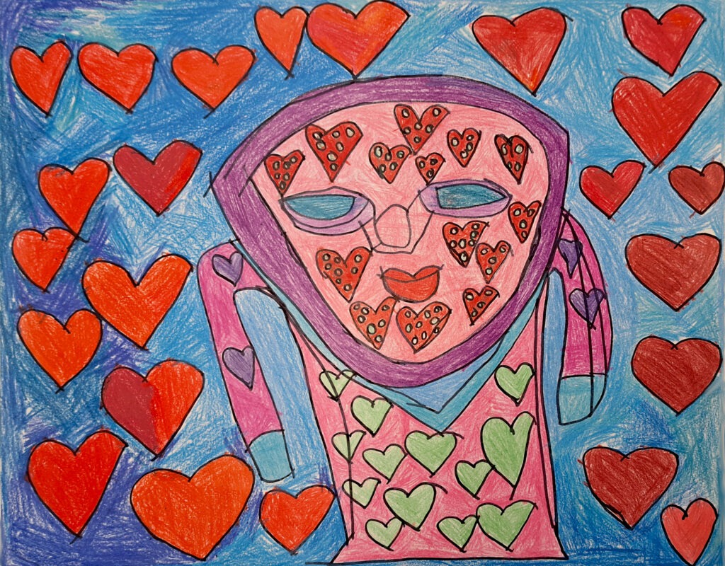 An illustration of a figure with hearts on their face and hearts surrounding them.