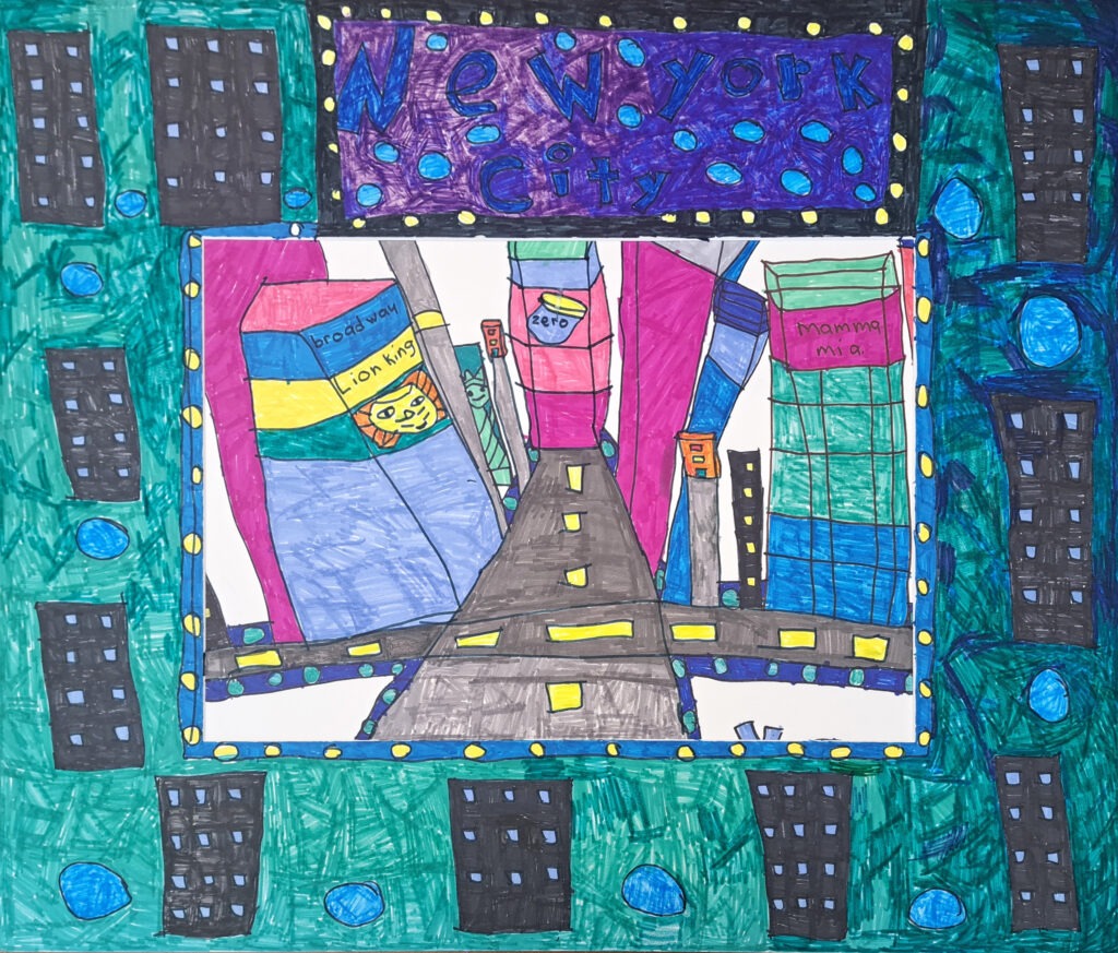 Drawing of a cityscape with roads and buildings in bright colors.
