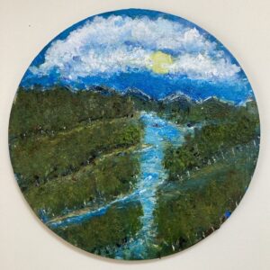A round acrylic painting of a river amongst trees.