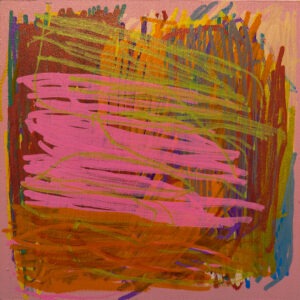 A colourful abstract painting in sweeping lines of pinks, oranges and greens