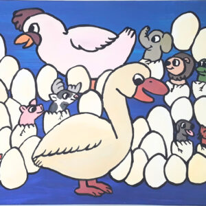 An acrylic gauche painting called "Eggspectation" of a chicken and goose in the centre with eggs surrounding them. Some of the eggs have mini lion, elephant and other animals poking their heads from the shell.