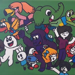 An acrylic painting of various characters interacting on a green background.
