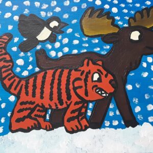 An acrylic painting of a tiger, moose and black bird walking through the snow.