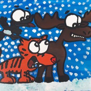 An acrylic painting of a tiger, moose and black bird.
