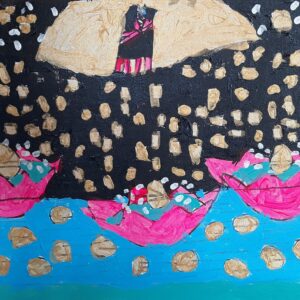 An acrylic painting of lotus flowers floating on the blue water and gold stars on the black. At the centre top is a couple dancing in front of a full moon.