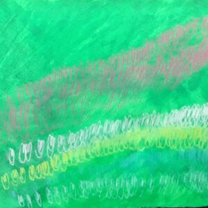 A watercolour panting of abstract tulips on a green background.