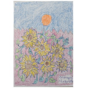 An artwork made with color pencil and acrylic markers of flowers growing under a glowing sun.