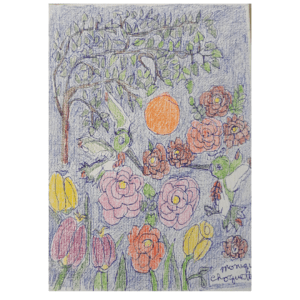 An artwork made with color pencil and acrylic markers of flowers growing under a willow tree with hummingbirds flying around.