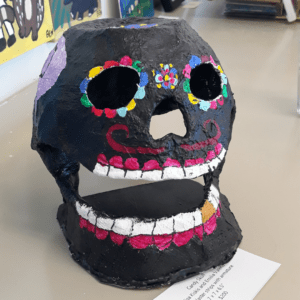 A sugar skull inspired sculpture made by Analisa Kiskis and Emilia Valerio.