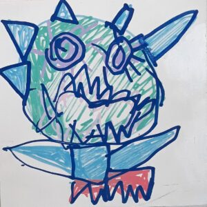 An abstract blue monster drawing on canvas.