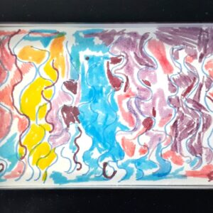 A framed artwork of abstract artwork in blue, pink, red and yellow.