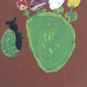 An abstract painting of tulips on a brown background.