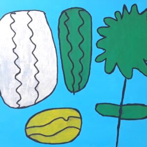 An abstract acrylic painting of objects in a blue background.