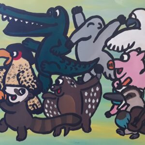 A painting of various animals marching in a cartoony animated style.