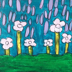 An abstract acrylic painting of flowers on a field.