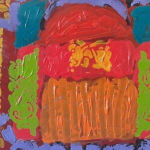 A large acrylic painting with abstract elements.