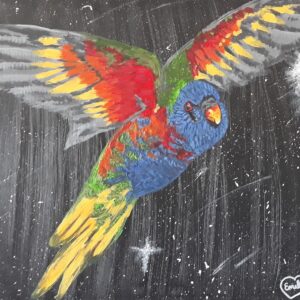 A painting of a rainbow lorikeet in flight with a background of a starry night and a full moon.