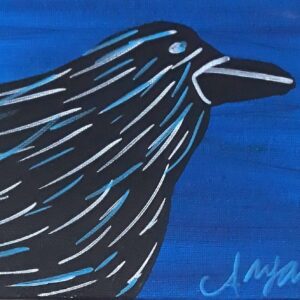 A painting of a raven on a blue background.