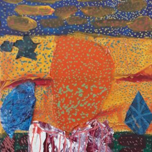 An abstract painting of the sunset with various elements.