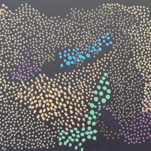 An acrylic painting of multi-colored dots on a black background.
