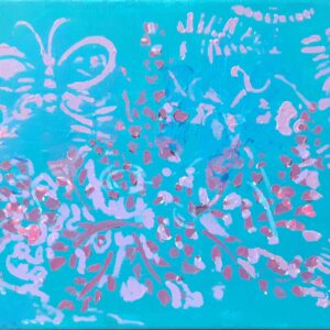 An acrylic painting of abstract flowers in pink on a blue background.