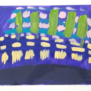 An abstract painting of shapes on a blue background.