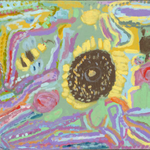 Chris Maveety's abstract acrylic painitng on a sunflower and a bee on a colorful background.
