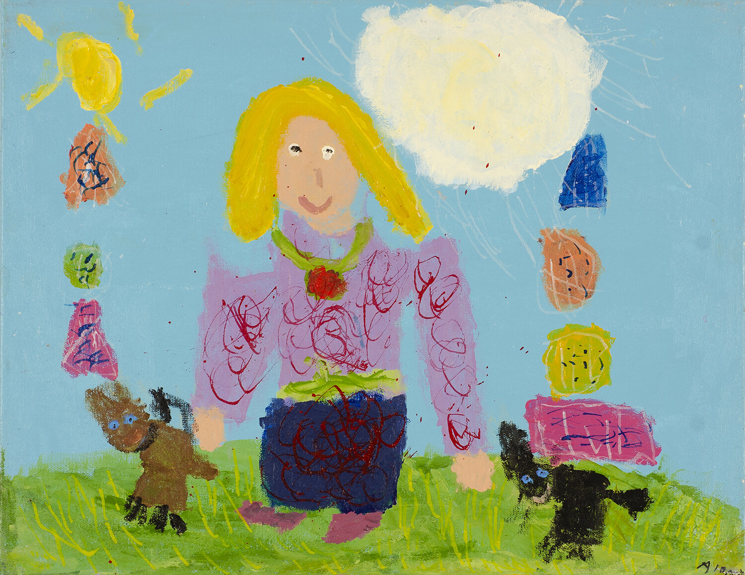 Alanna Price, Walking my Dog and Cat, acrylic on canvas, 14” x 18”